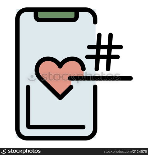 Smartphone hashtag heart icon. Outline smartphone hashtag heart vector icon color flat isolated. Smartphone hashtag heart icon color outline vector