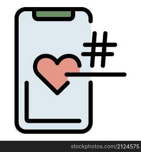Smartphone hashtag heart icon. Outline smartphone hashtag heart vector icon color flat isolated. Smartphone hashtag heart icon color outline vector