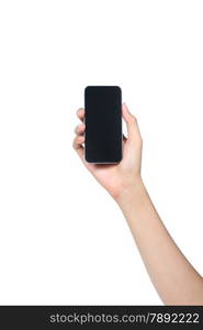 smartphone holded by female hand isolated white.