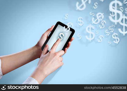 Smartphone in hand. Close-up image of human hands holding smartphone