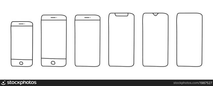 Smartphone mockups. Set of hand-drawn smartphones. Mobile phones. Foreground. Vector illustration
