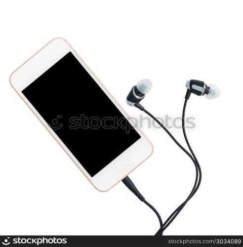 Smartphone music player and earbuds. MP3 digital music player built into smartphone or mobile phone with earbuds isolated against a white background. Smartphone music player and earbuds