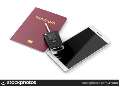 Smartphone, passport and car key on white background