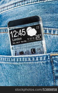 Smartphone (phablet) with a transparent display in a pocket of jeans. Concept actual future innovative ideas and best technologies humanity.