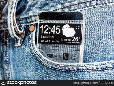 Smartphone (phablet) with a transparent display in a pocket of jeans. Concept actual future innovative ideas and best technologies humanity.