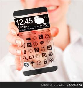 Smartphone (phablet) with a transparent display in human hands. Concept actual future innovative ideas and best technologies humanity.