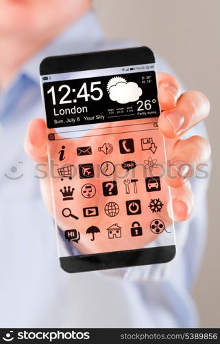 Smartphone (phablet) with a transparent display in human hands. Concept actual future innovative ideas and best technologies humanity.