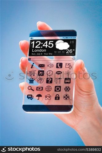 Smartphone (phablet) with a transparent display in human hands on a blue background. Concept actual future innovative ideas and best technologies humanity.