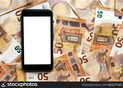 smartphone with blank display mockup screen on 50 euro banknotes. Money paper. Concept of business, investment and income growth.Modern technology, communication and online trade using gadget concept. smartphone with blank display mockup screen on 50 euro banknotes. Money paper. Concept of business, investment and income growth. Modern technology, communication and online trade using gadget concept