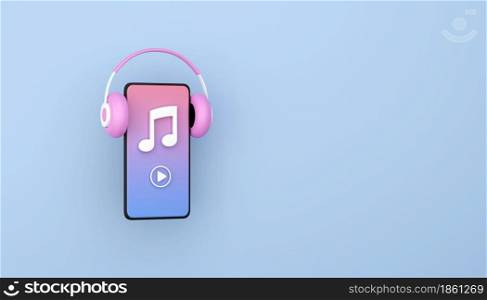 Smartphone with earphone headset listen to internet podcast streaming audio or online radio application 3D rendering illustration