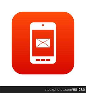 Smartphone with email symbol on the screen icon digital red for any design isolated on white vector illustration. Smartphone with email symbol on the screen icon digital red