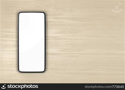 Smartphone with empty screen on wood table, top view