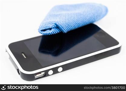 Smartphone with microfiber isolated on white background, stock photo