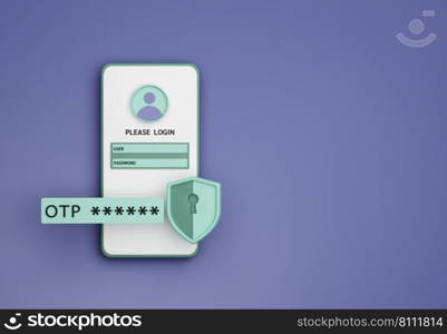 Smartphone with OTP SMS alert while login or register for online service to confirm security check 3D rendering illustration