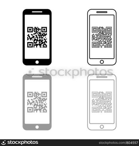 Smartphone with QR code on screen icon outline set black grey color vector illustration flat style simple image