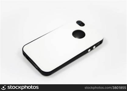 Smartphone with white case isolated on white background, stock photo