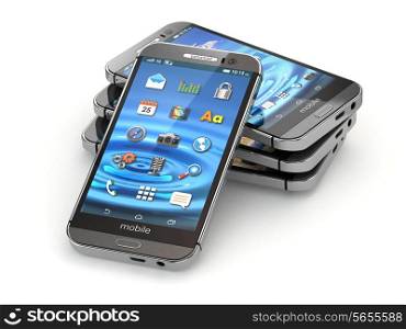 Smartphones or mobile phones on white isolated background. 3d