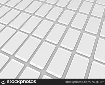 Smartphones pattern on a gray background. 3d render illustration.. Smartphones pattern on a gray background.