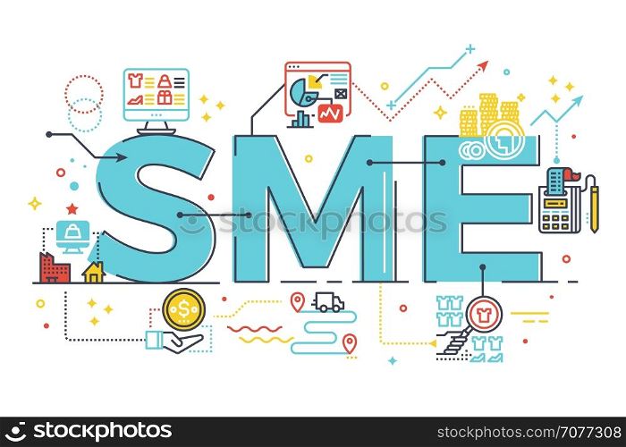 SME, Small and Medium Enterprise, word lettering illustration in business concept. Design in modern style with related icons ornament concept for ui, ux, web, app banner design