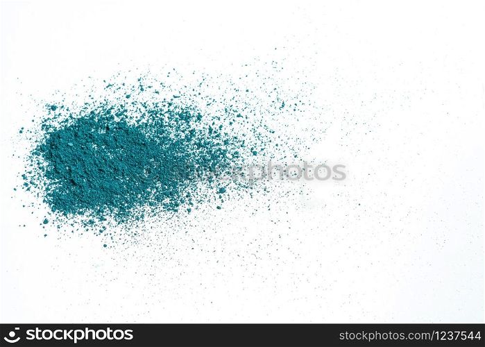 Smear of crushed green eyeshadow as sample of cosmetics product isolated on white background with copy space.