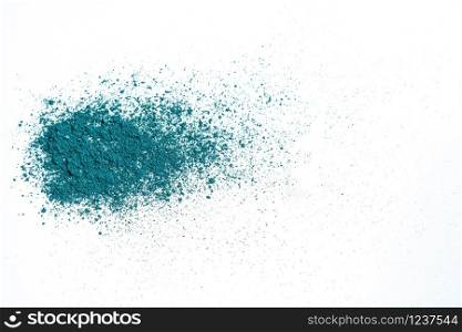 Smear of crushed green eyeshadow as sample of cosmetics product isolated on white background with copy space.