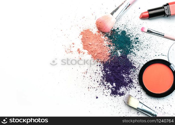 Smear of crushed multi colors as sample of cosmetics product and cosmetics isolated on white background with copy space.