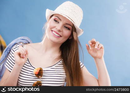 Smile and laugh. Vacation and rest. Portrait of happy lovely girl in straw hat. Young tourist woman enjoy holidays and summer time.. Happy cute tourist girl in straw hat.