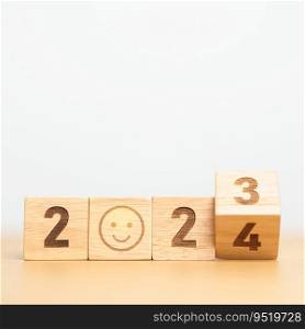 Smile face with 2024 block.  Satisfaction, feedback, Review, mental health, eco sustainable and Happy New Year concept