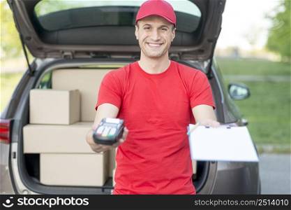 smiley delivery guy with pos machine