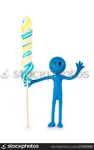 Smiley holding colourful lollipop isolated on white