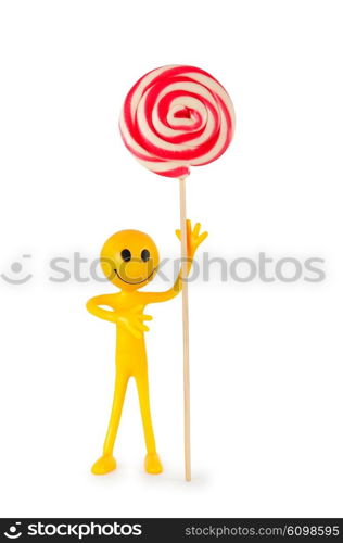 Smiley holding colourful lollipop isolated on white