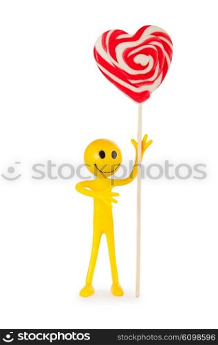 Smiley holding colourful lollipop isolated on white