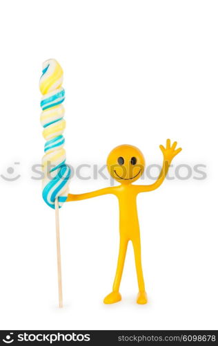 Smiley holding colourful lollipop isolated on white