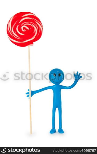 Smiley holding colourful lollipop isolated on white