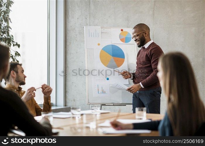 smiley man doing presentation during meeting