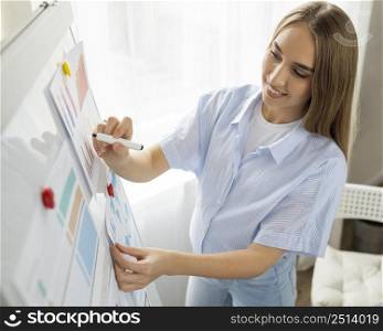 smiley pregnant businesswoman giving presentation office using whiteboard