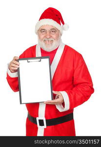 Smiley Santa Claus with a blank clipboard isolated on white background