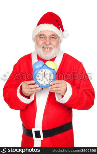 Smiley Santa Claus with alarm clock isolated on white background