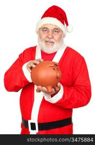 Smiley Santa Claus with piggy-bank isolated on white background