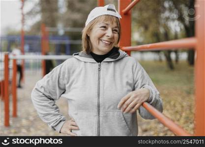 smiley senior woman outdoors working out