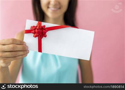 smiley woman showing envelope. Resolution and high quality beautiful photo. smiley woman showing envelope. High quality and resolution beautiful photo concept