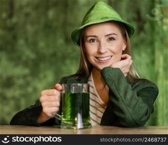 smiley woman with hat celebrating st patrick s day bar