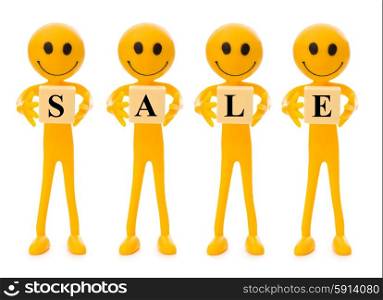 Smilies holding word SALE isolated on white. Smiley holding the letter isolated on white