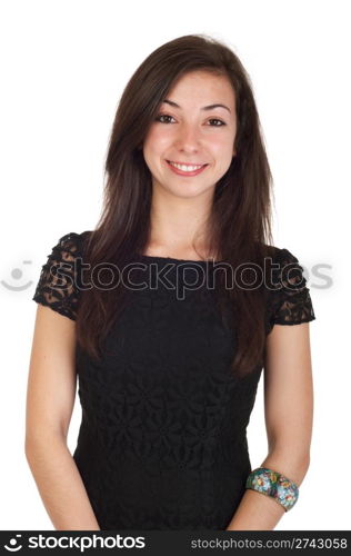 smiling 18 years old young woman in black dress ready for night out (isolated on white background)