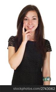 smiling 18 years old young woman in black dress ready for night out (isolated on white background)