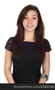 smiling 18 years old young woman in black dress ready for night out (isolated on white background)