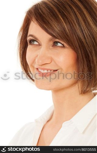 Smiling adult woman with flirtatious look. White background.. Close-up of coquettish adult woman looking up