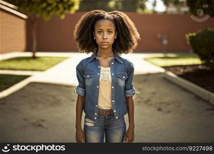 Smiling African-American girl posing standing on the street, while looking at the camera. IA Generative image