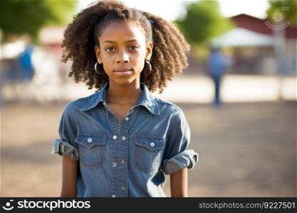 Smiling African-American girl posing standing on the street, while looking at the camera. IA Generative image