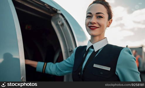 Smiling air hostess in blue suit standing in front of airplane entrance under blue sky. Generative AI AIG21.
